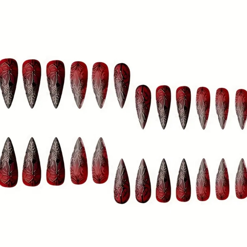 🖤 NWOT 24 pc Gothic Red Flame Nails – Long Stiletto Black Swirl Press-Ons